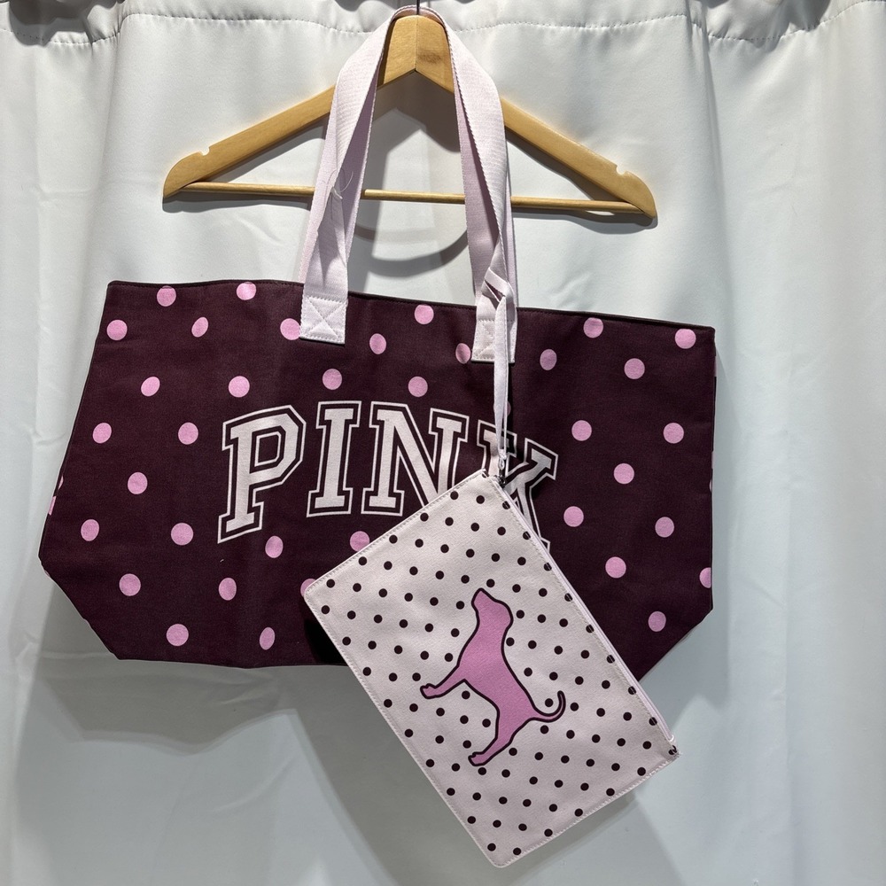 PINK Women's Large Polka Dot Tote Bag Purple/Pink Zip Top w Dog Pouch New
